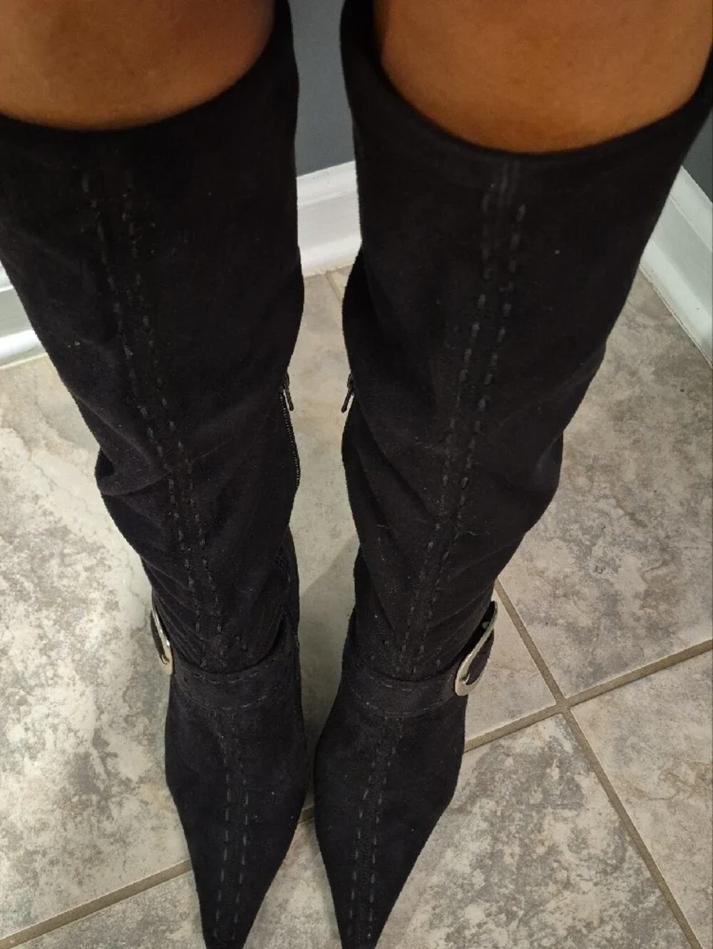 BCBGirls Black To-the-Knee Stiletto Boots with Decorative Buckle